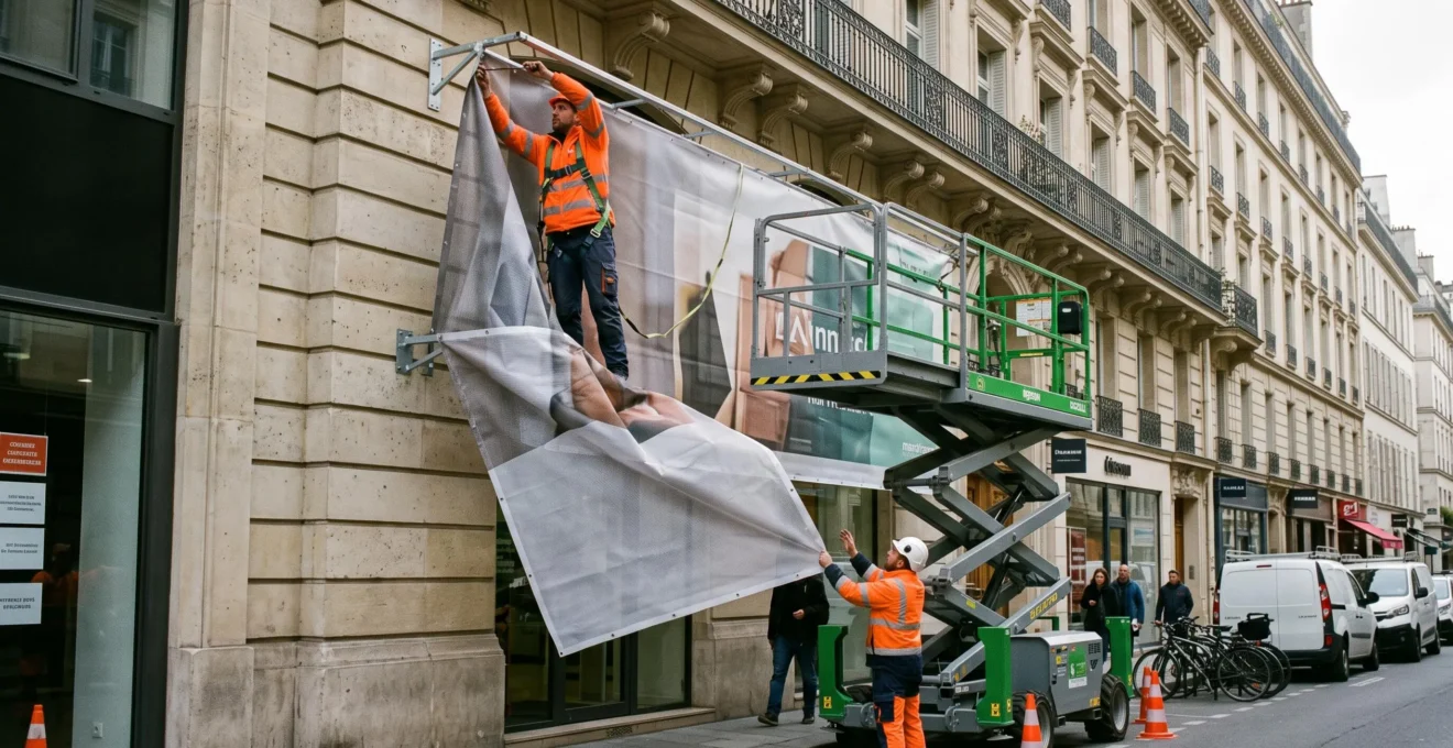 Équipe de deux professionnels installant une bâche publicitaire grand format sur façade avec nacelle élévatrice à Paris