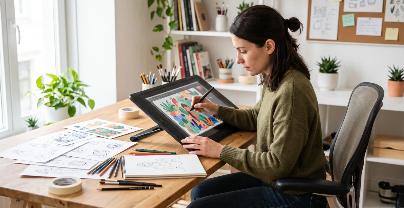 Un graphiste illustrateur travaille à son bureau sur une tablette graphique tout en consultant des esquisses et dessins traditionnels posés sur son plan de travail dans un studio créatif moderne.