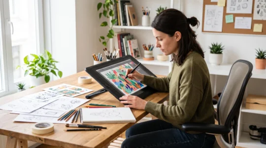 Un graphiste illustrateur travaille à son bureau sur une tablette graphique tout en consultant des esquisses et dessins traditionnels posés sur son plan de travail dans un studio créatif moderne.
