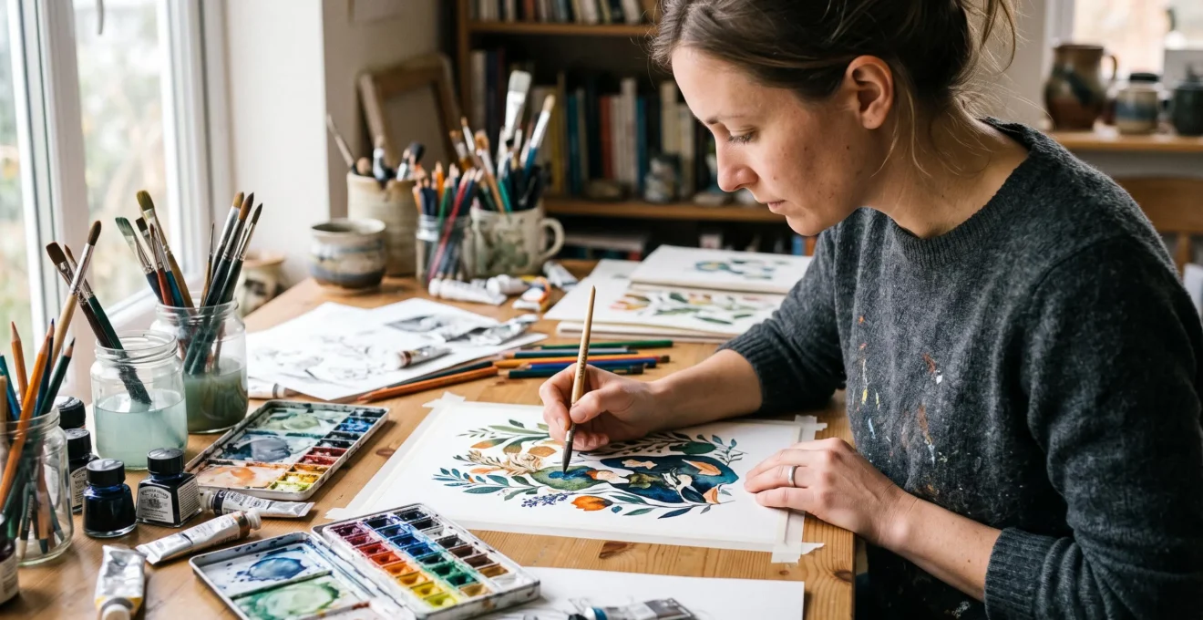 Un illustrateur crée une illustration à l'aquarelle sur papier en utilisant pinceaux et palette de couleurs, concentré sur son travail à sa table recouverte de matériel artistique traditionnel.
