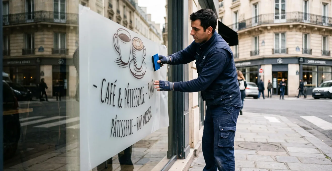 Professionnel installant un adhésif vitrine grand format sur une devanture commerciale parisienne