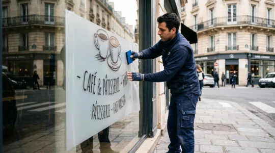Professionnel installant un adhésif vitrine grand format sur une devanture commerciale parisienne