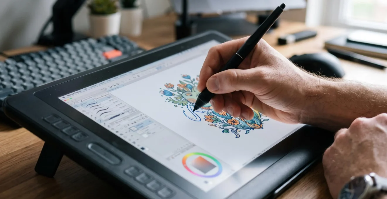 Gros plan sur la main d'un professionnel utilisant un stylet sur une tablette graphique pour créer une illustration numérique avec un logiciel de design.