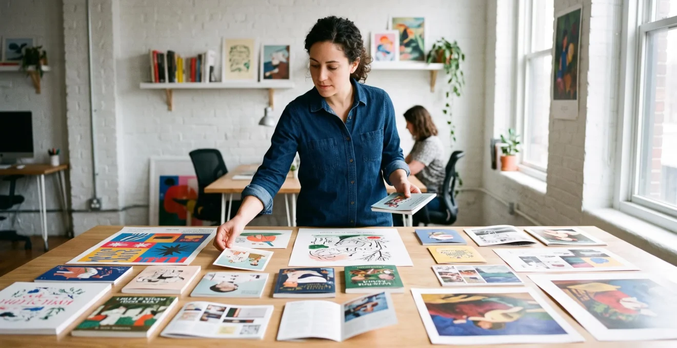 Un professionnel du graphisme et de l'illustration organise divers projets finis sur une grande surface de travail dans son studio, incluant affiches, illustrations et créations graphiques variées.