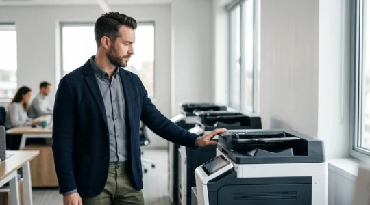 Responsable des services généraux observant un parc d'imprimantes de bureau modernes dans un open-space lumineux