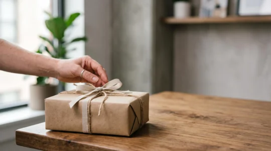 Un cadeau d'affaires artisanal soigneusement emballé, posé sur un bureau en bois chaleureux, symbole de mémorisation positive durable