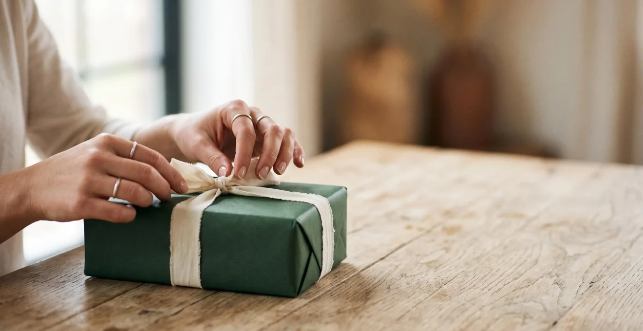 Mains soignant l'emballage d'un objet cadeau d'entreprise personnalisé, dans une lumière chaleureuse et épurée