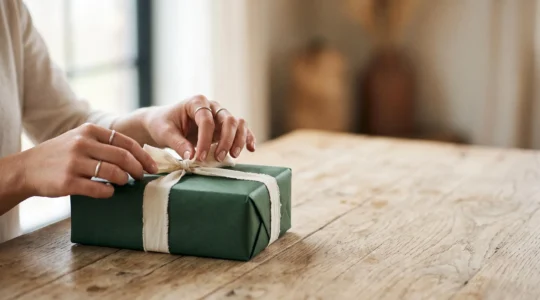 Mains soignant l'emballage d'un objet cadeau d'entreprise personnalisé, dans une lumière chaleureuse et épurée