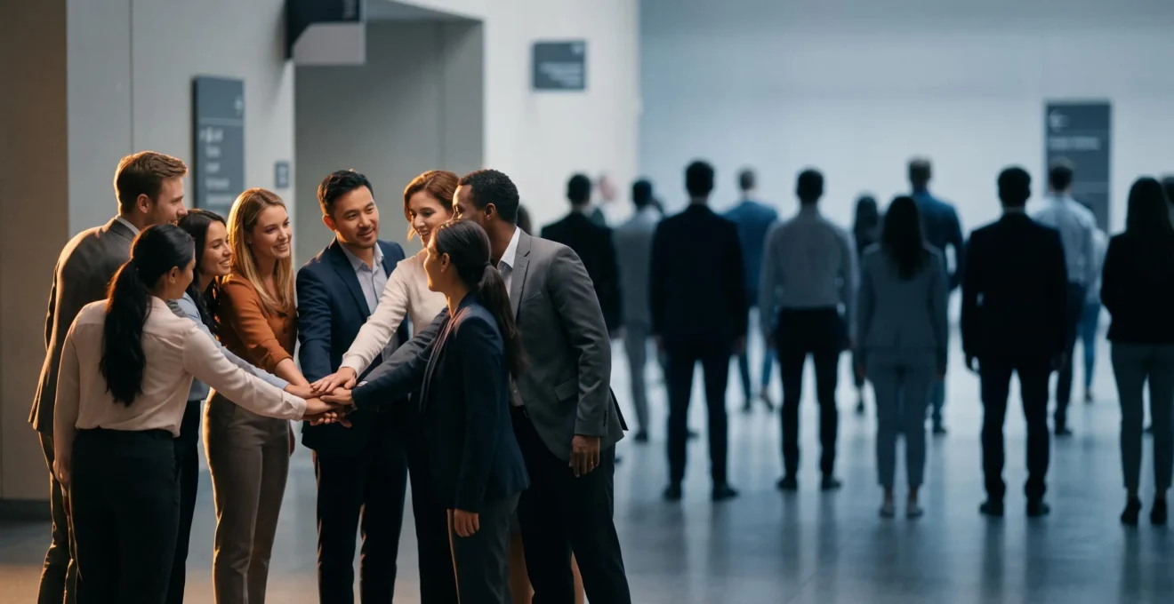 Contraste visuel entre un petit cercle de personnes connectees et une foule nombreuse mais dispersee, symbolisant la valeur d'une communaute engagee face a une audience passive