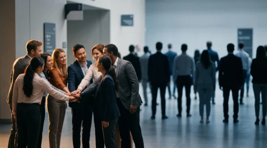 Contraste visuel entre un petit cercle de personnes connectees et une foule nombreuse mais dispersee, symbolisant la valeur d'une communaute engagee face a une audience passive