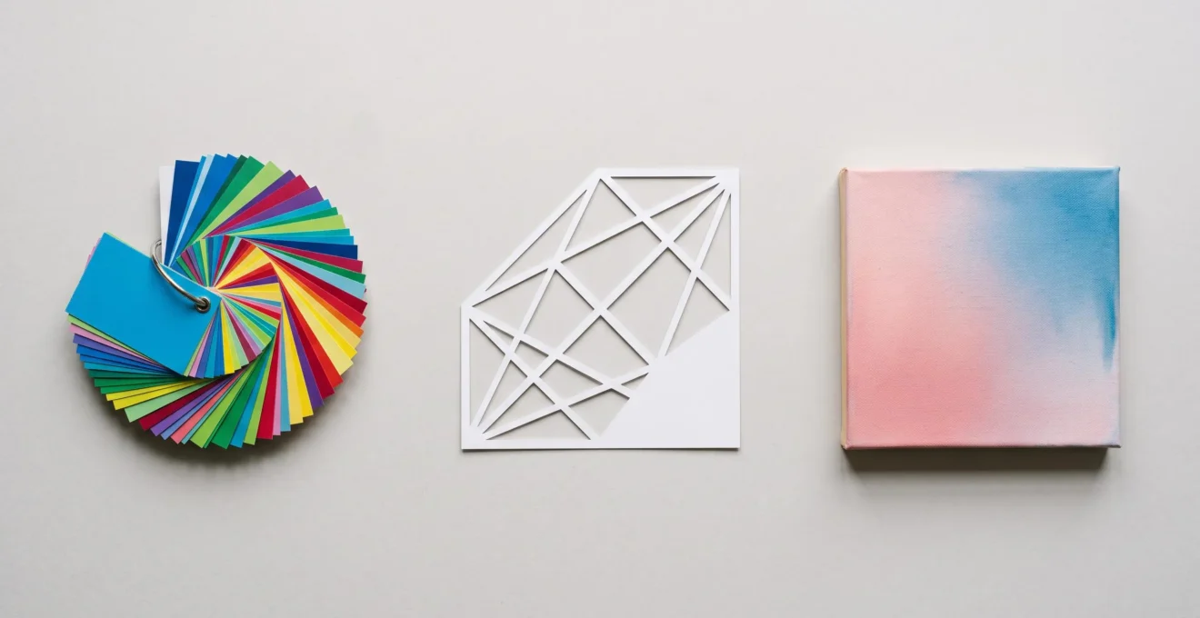 Bureau de createur avec trois metaphores visuelles representant le choix entre outils de design rapides et professionnels