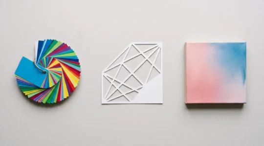 Bureau de createur avec trois metaphores visuelles representant le choix entre outils de design rapides et professionnels