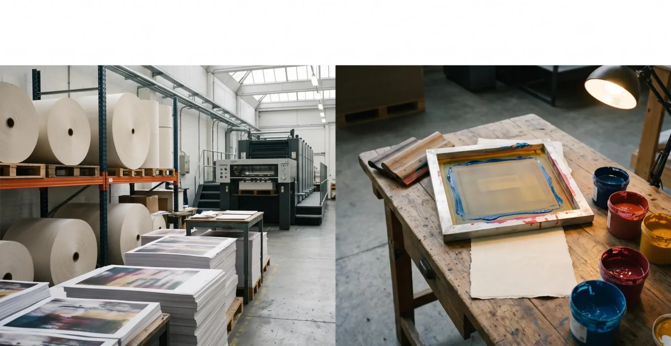 Comparaison visuelle entre une presse d'impression industrielle et un atelier de sérigraphie artisanale, symbolisant le choix entre offset, numérique et sérigraphie