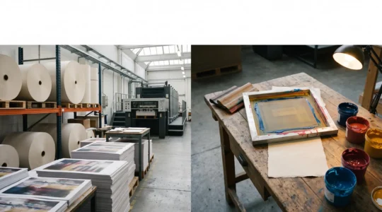 Comparaison visuelle entre une presse d'impression industrielle et un atelier de sérigraphie artisanale, symbolisant le choix entre offset, numérique et sérigraphie