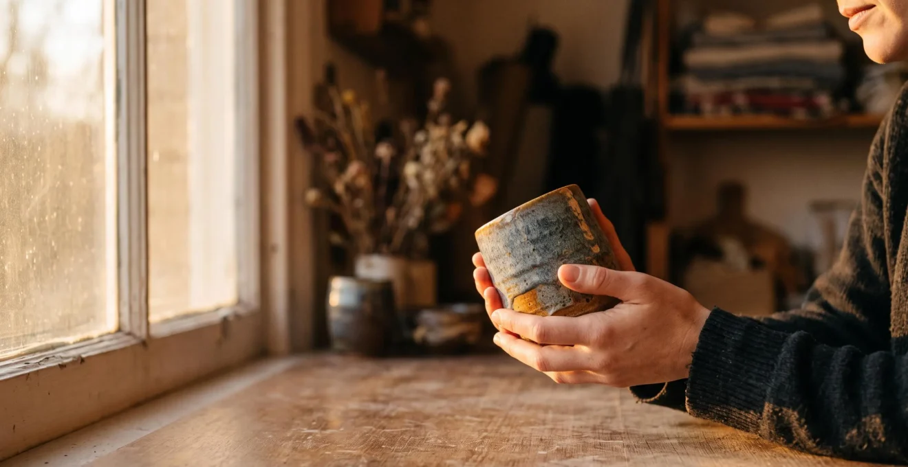 Une personne tenant avec émotion un objet artisanal unique, symbole de la transformation du client en ambassadeur de marque