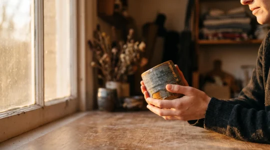 Une personne tenant avec émotion un objet artisanal unique, symbole de la transformation du client en ambassadeur de marque