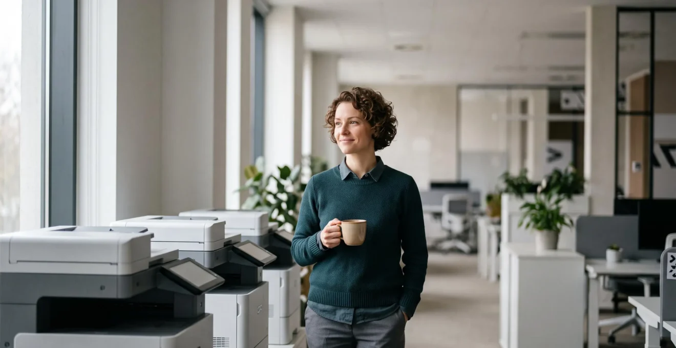 Illustration éditoriale représentant le calme retrouvé d'une équipe IT grâce à une console de gestion centralisée des imprimantes
