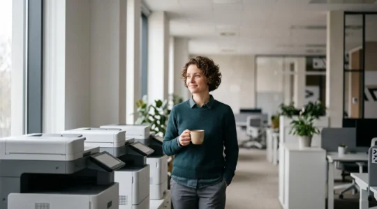 Illustration éditoriale représentant le calme retrouvé d'une équipe IT grâce à une console de gestion centralisée des imprimantes