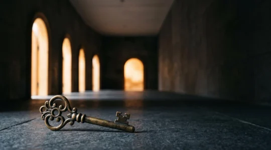 Une clé en laiton ouvrant plusieurs portes lumineuses alignées, symbolisant la multiplication de la valeur à partir d'un seul contenu exclusif