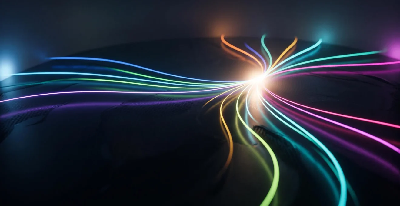 Représentation visuelle abstraite de la convergence de plusieurs flux de communication vers un point central, symbolisant une stratégie marketing intégrée
