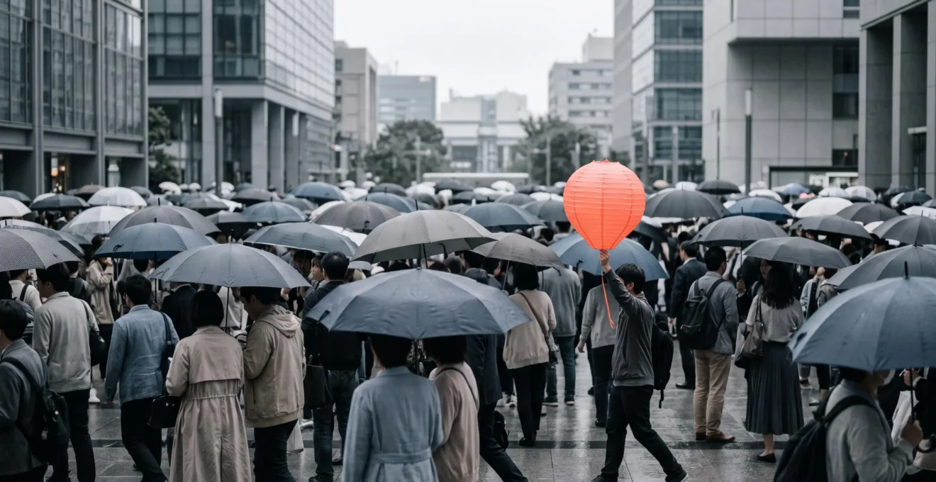 Un objet aux couleurs vives se détachant nettement dans un environnement urbain neutre et saturé, symbolisant la visibilité d'une marque