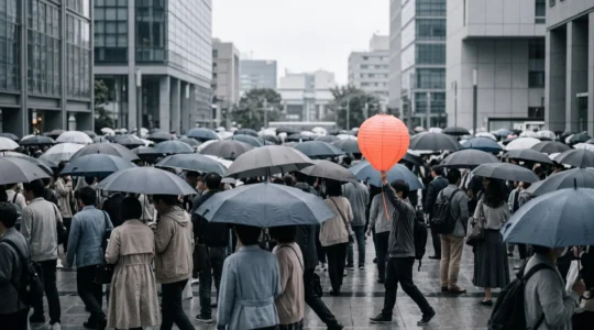 Un objet aux couleurs vives se détachant nettement dans un environnement urbain neutre et saturé, symbolisant la visibilité d'une marque