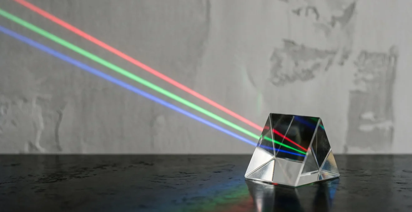 Prisme de verre projetant trois faisceaux de lumière colorés identiques, symbolisant la multiplication de la mémorisation d'une marque grâce à une création graphique cohérente
