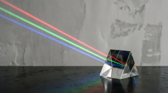 Prisme de verre projetant trois faisceaux de lumière colorés identiques, symbolisant la multiplication de la mémorisation d'une marque grâce à une création graphique cohérente