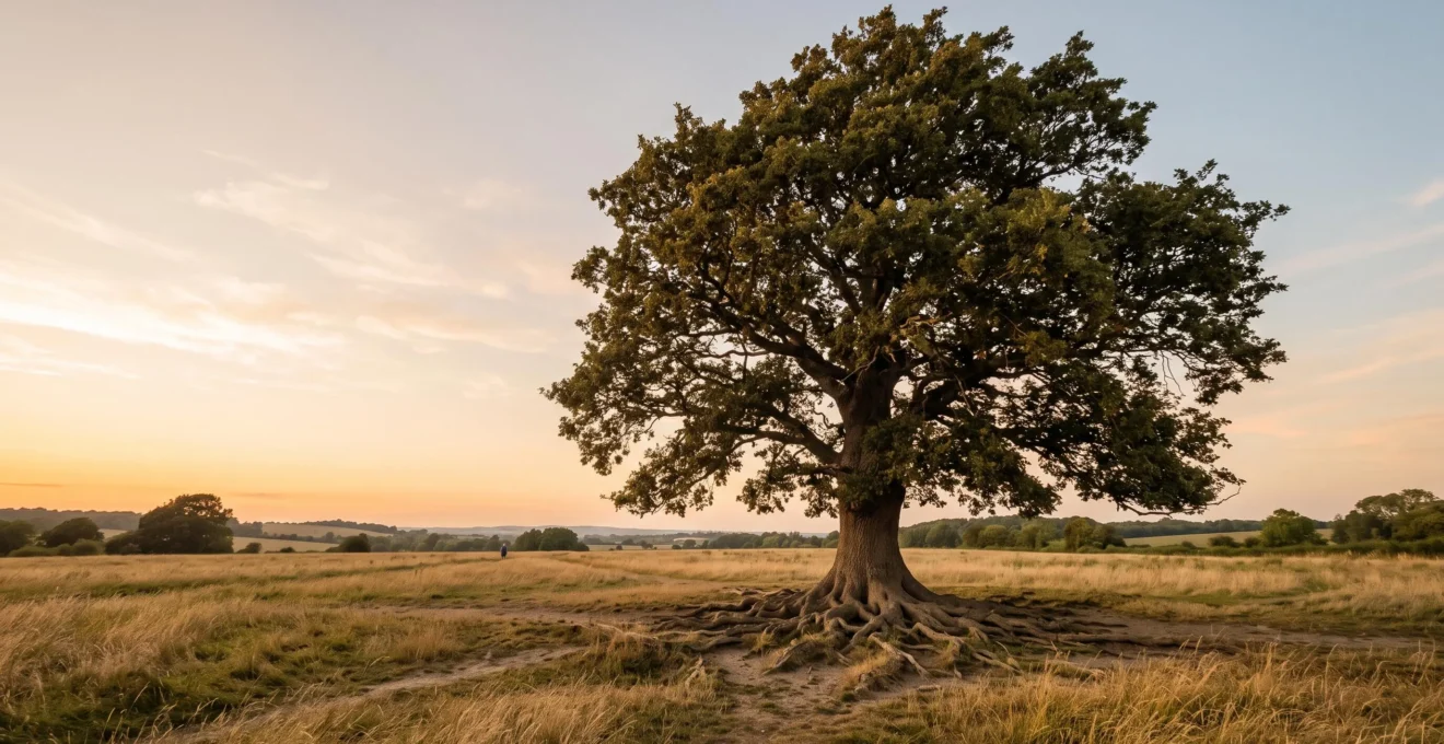 Arbre majestueux aux racines profondes symbolisant la croissance organique et durable générée par une stratégie de contenu de blog