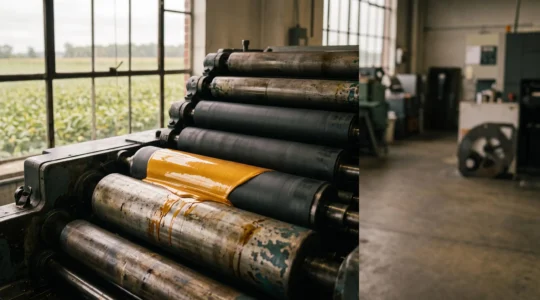 Rouleaux d'une presse offset baignés d'une lumière chaude, symbolisant trente ans de transition vers des encres végétales durables
