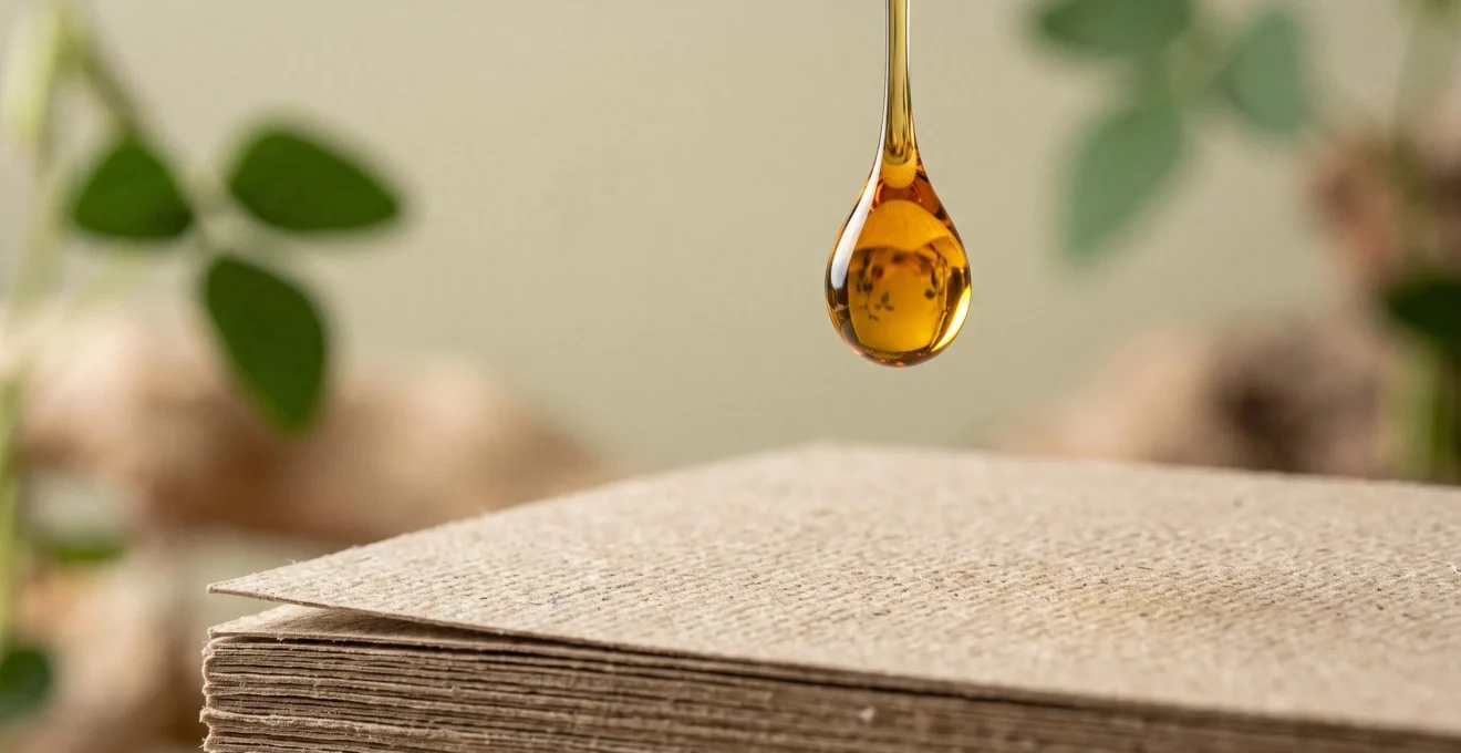 Goutte d'encre végétale dorée tombant sur une pile de papier recyclé, symbolisant la transition écologique de l'imprimerie