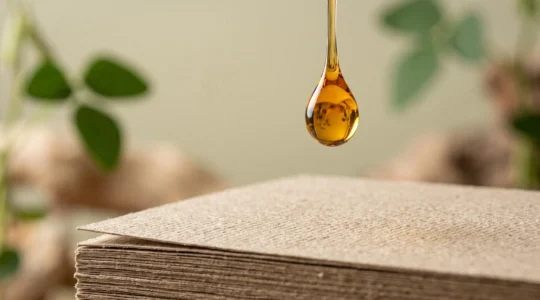 Goutte d'encre végétale dorée tombant sur une pile de papier recyclé, symbolisant la transition écologique de l'imprimerie