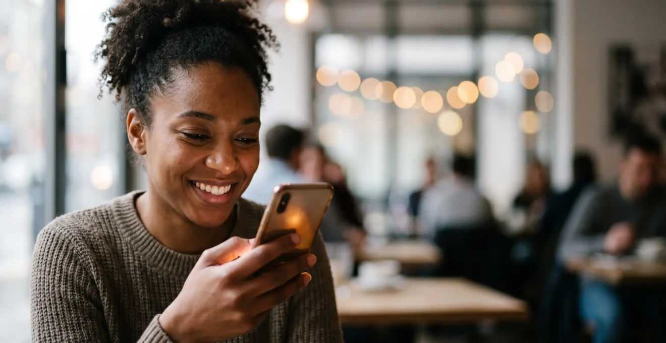 Main tenant un smartphone dont l'écran diffuse une lumière chaude, symbolisant une forte interaction et un engagement communautaire autour d'une marque sur les réseaux sociaux