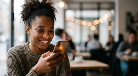 Main tenant un smartphone dont l'écran diffuse une lumière chaude, symbolisant une forte interaction et un engagement communautaire autour d'une marque sur les réseaux sociaux