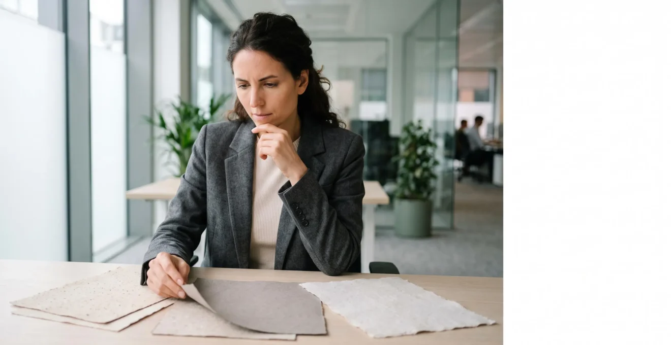 Dirigeant d'entreprise examinant avec attention des échantillons de papier recyclé texturé, symbolisant la remise en question des idées reçues sur le papier durable