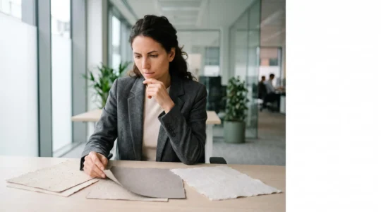 Dirigeant d'entreprise examinant avec attention des échantillons de papier recyclé texturé, symbolisant la remise en question des idées reçues sur le papier durable