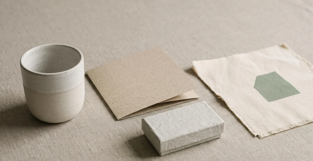 Objets de marque alignés partageant la même palette et les mêmes matières, symbolisant une identité visuelle cohérente