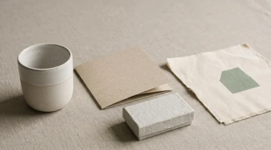 Objets de marque alignés partageant la même palette et les mêmes matières, symbolisant une identité visuelle cohérente