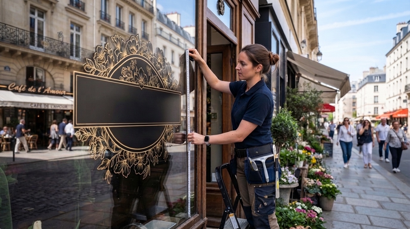 Installatrice professionnelle mesurant et vérifiant l'alignement d'une vitrophanie avant pose sur vitrine parisienne