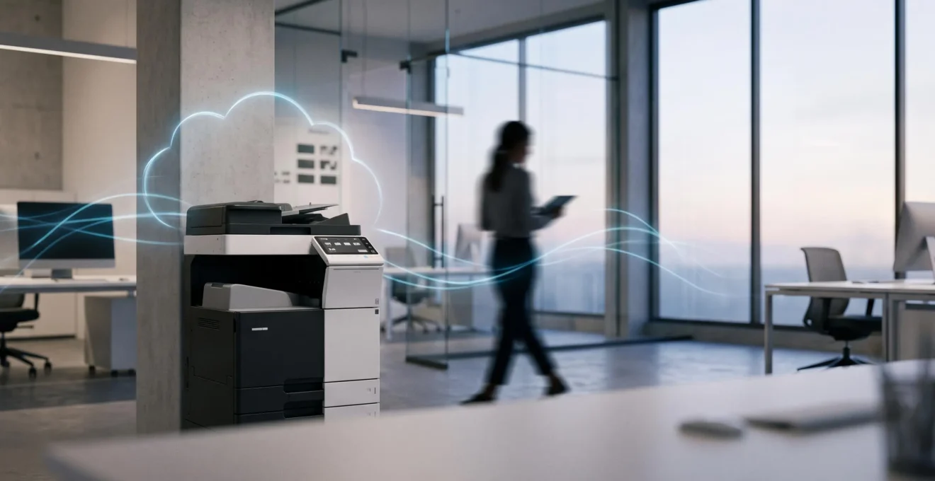 Bureau moderne avec une imprimante professionnelle connectée, symbolisant la transition vers l'impression cloud sécurisée en entreprise