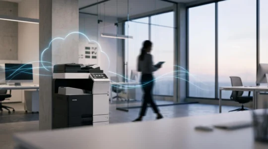 Bureau moderne avec une imprimante professionnelle connectée, symbolisant la transition vers l'impression cloud sécurisée en entreprise