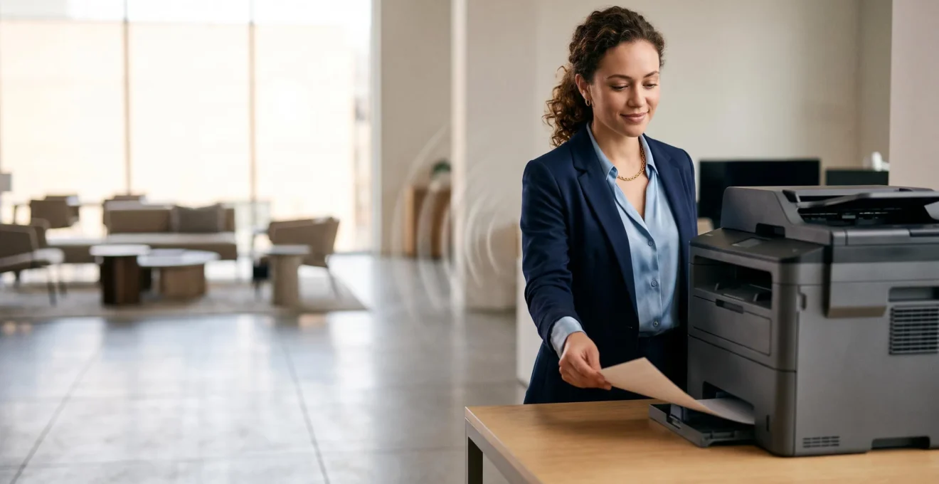 Professionnel récupérant un document fraîchement imprimé dans un bureau moderne, symbolisant la fluidité de l'impression sans fil