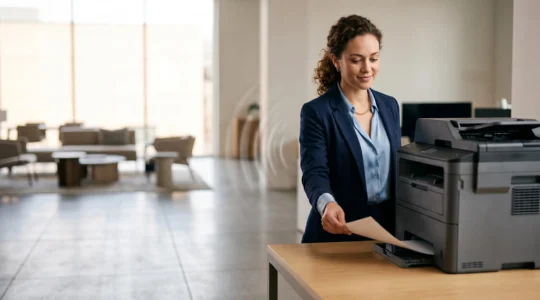 Professionnel récupérant un document fraîchement imprimé dans un bureau moderne, symbolisant la fluidité de l'impression sans fil