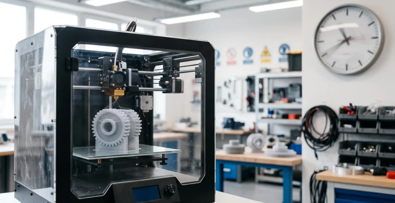 Une imprimante 3D professionnelle en fonctionnement dans un atelier lumineux, produisant une pièce mécanique prototype, symbole de la réduction des délais de fabrication