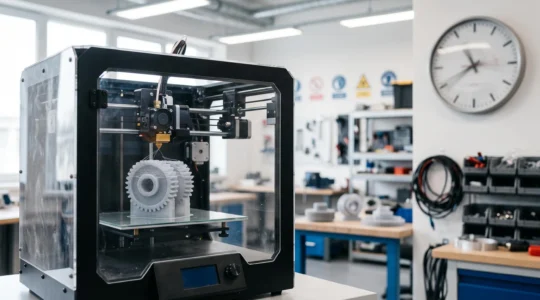 Une imprimante 3D professionnelle en fonctionnement dans un atelier lumineux, produisant une pièce mécanique prototype, symbole de la réduction des délais de fabrication