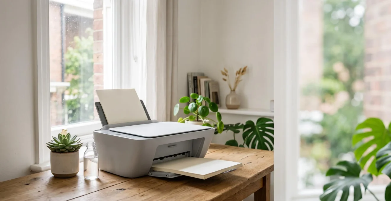 Imprimante de bureau moderne et sobre posée dans un espace de travail lumineux, symbolisant la réduction de la consommation énergétique et des déchets