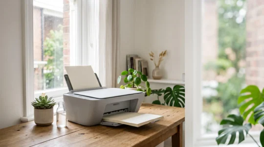Imprimante de bureau moderne et sobre posée dans un espace de travail lumineux, symbolisant la réduction de la consommation énergétique et des déchets