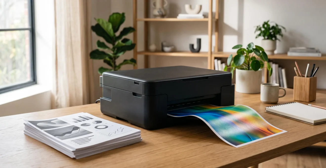 Poste de travail créatif et bureautique où une imprimante jet d'encre produit à la fois un document texte et un tirage photo colore, symbolisant sa polyvalence