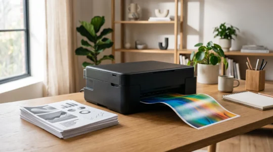 Poste de travail créatif et bureautique où une imprimante jet d'encre produit à la fois un document texte et un tirage photo colore, symbolisant sa polyvalence