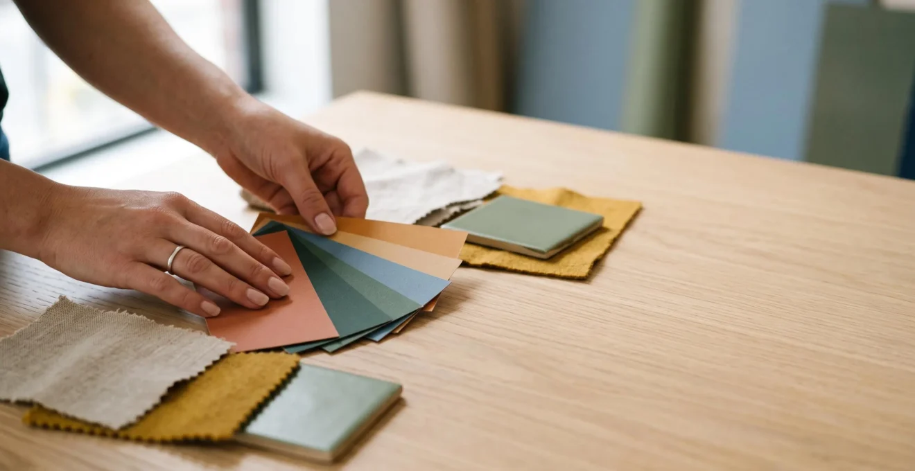 Un professionnel du design compare avec soin des echantillons de couleurs et de matieres, symbolisant la decision d'investir dans une expertise graphique experimentee